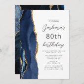 Invitation Marine Blue Gold Agate Script 80e anniversaire (Devant / Derrière)