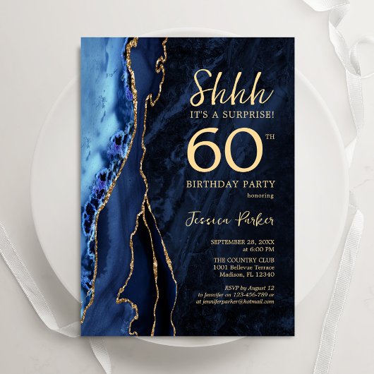Invitation Marine Blue Gold Agate Surprise 60e anniversaire