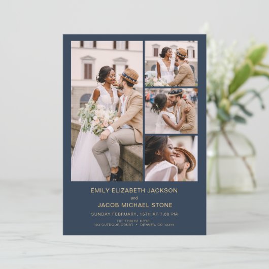 Invitation Marine Blue Gold All In One QR Code Mariage photo (Debout devant)