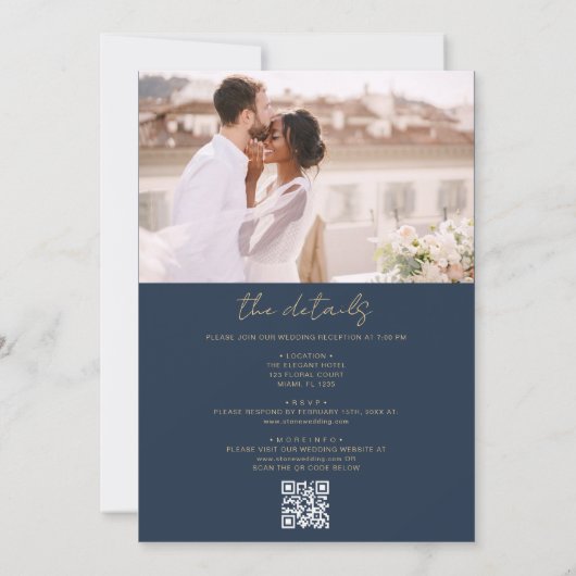 Invitation Marine Blue Gold All In One QR Code Mariage photo (Dos)