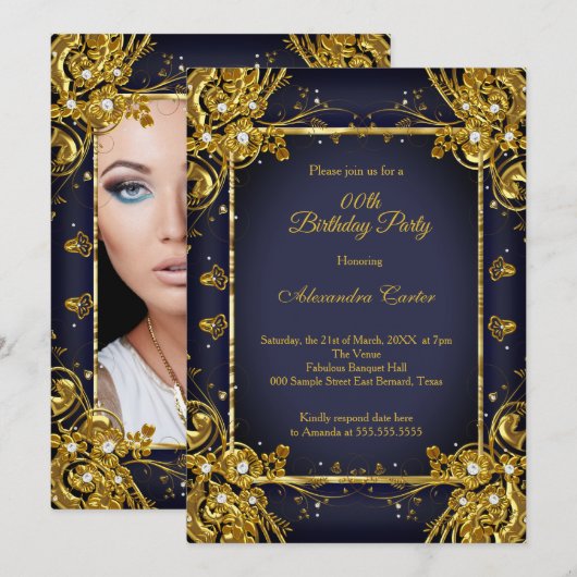 Invitation Marine Blue Gold Anniversaire Photo Diamond Gem (Devant / Derrière)