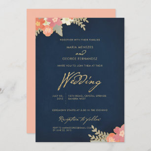 Invitation Marine Blue Gold Blush Peach Mariage Invi