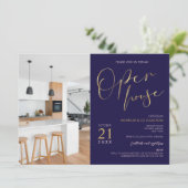 Invitation Marine Blue & Gold Business Logo Open House Photo (Debout devant)
