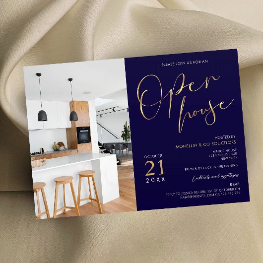 Invitation Marine Blue & Gold Business Logo Open House Photo