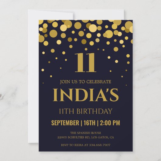 Invitation Marine Blue & Gold Confetti 11e anniversaire Invit (Devant)