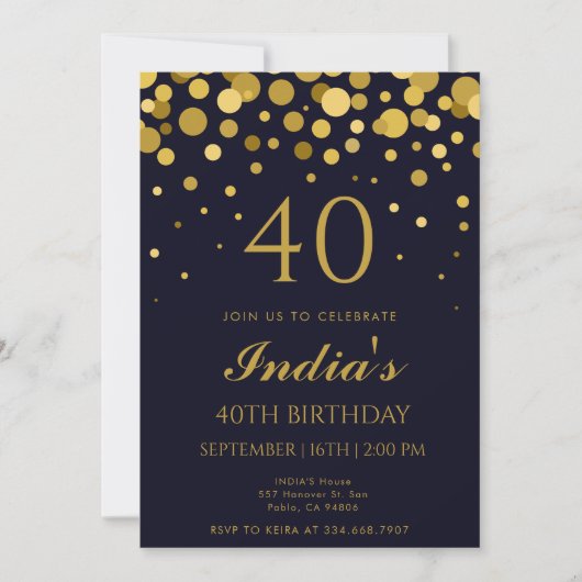 Invitation Marine Blue & Gold Confetti 40e fête d'anniversair (Devant)