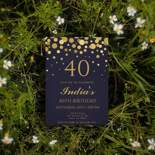 Invitation Marine Blue & Gold Confetti 40e fête d'anniversair