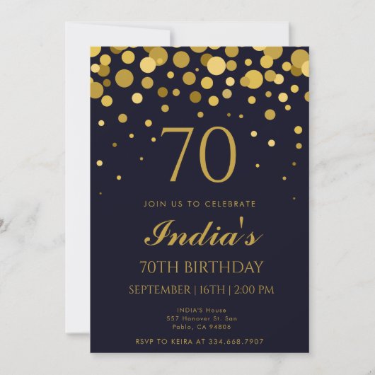 Invitation Marine Blue & Gold Confetti 70e fête d'anniversair (Devant)
