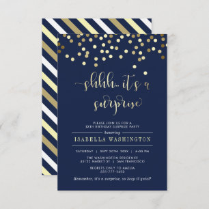 Invitation Marine Blue & Gold Confetti Surprise fête d'annive