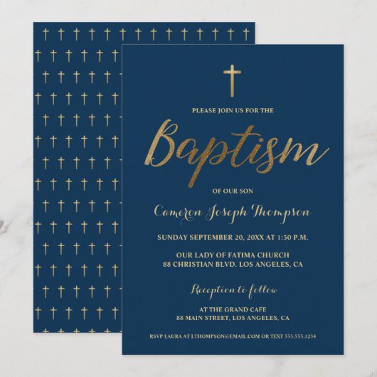 Invitation Marine Blue Gold Cross Custom Baby boy Baptême (Devant / Derrière)