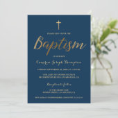 Invitation Marine Blue Gold Cross Custom Baby boy Baptême (Debout devant)