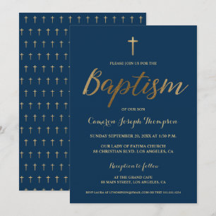 Invitation Marine Blue Gold Cross Custom Baby boy Baptême