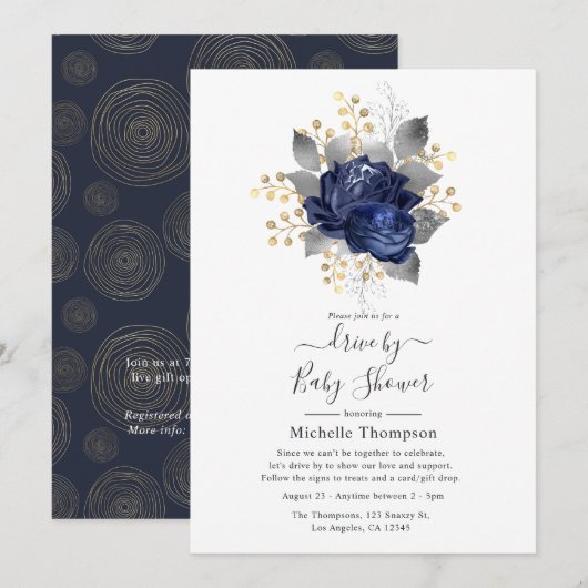 Invitation Marine Blue, Gold et Silver Floral Drive par douch (Devant / Derrière)