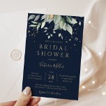 Invitation Marine Blue Gold Eucalyptus Fête des mariées verte<br><div class="desc">Belle invitation à la douche nuptiale avec aquarelle de la verdure eucalyptus aux accents or sur un arrière - plan bleu marine.</div>