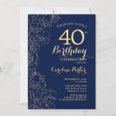 Invitation Marine Blue Gold Floral 40e fête d'anniversaire (Devant)