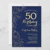 Invitation Marine Blue Gold Floral 50e fête d'anniversaire (Devant)