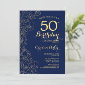Invitation Marine Blue Gold Floral 50e fête d'anniversaire (Debout devant)