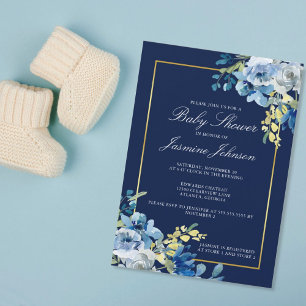 Invitation Marine Blue Gold Floral Élégant Baby shower