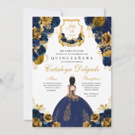 Invitation Marine Blue & Gold Floral Elegant Quinceañera (Devant)