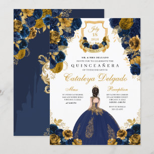 Invitation Marine Blue & Gold Floral Elegant Quinceañera