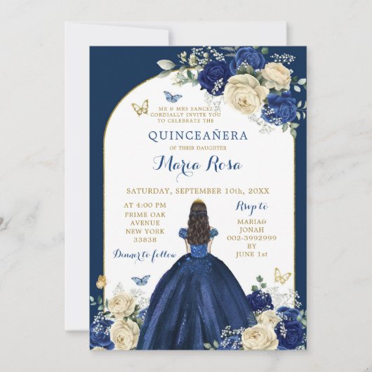 Invitation Marine Blue Gold Floral Princesse Quinceañera (Devant)