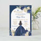Invitation Marine Blue Gold Floral Princesse Quinceañera (Debout devant)