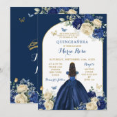 Invitation Marine Blue Gold Floral Princesse Quinceañera (Devant / Derrière)