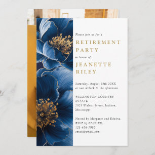 Invitation Marine Blue Gold Floral Retraite Party Photo
