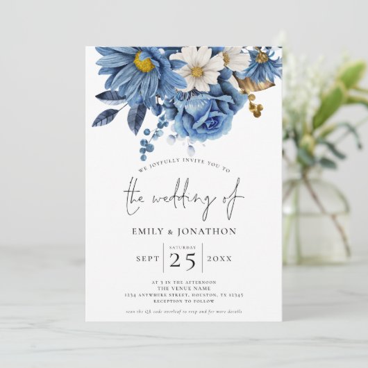 Invitation Marine Blue Gold Florals QR Code Mariage (Debout devant)