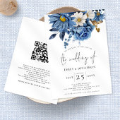 Invitation Marine Blue Gold Florals QR Code Mariage