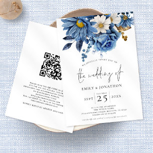 Invitation Marine Blue Gold Florals QR Code Mariage