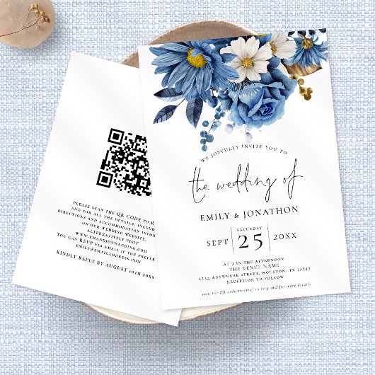 Invitation Marine Blue Gold Florals QR Code Mariage