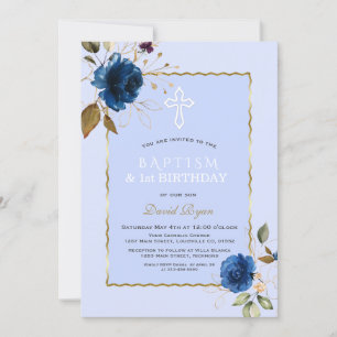 Invitation Marine Blue Gold Flowers Garçon 1er anniversaire &
