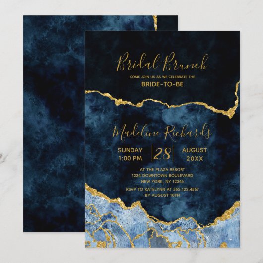 Invitation Marine Blue Gold Foil Agate Bridal Brunch Invitati (Devant / Derrière)