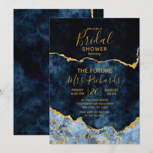 Invitation Marine Blue Gold Foil Agate Douche nuptiale Invita (Devant / Derrière)