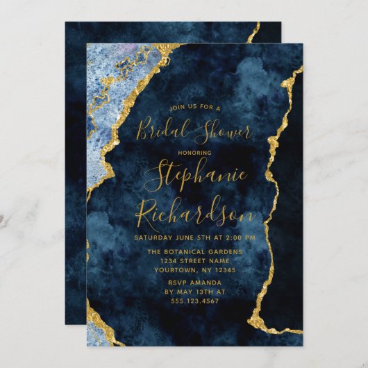 Invitation Marine Blue Gold Foil Agate Douche nuptiale Invita (Devant / Derrière)