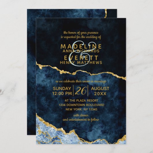 Invitation Marine Blue Gold Foil Agate Gilt Wedding Invitatio (Devant / Derrière)