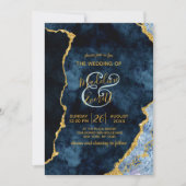 Invitation Marine Blue Gold Foil Agate Gilt Wedding Invitatio (Devant)
