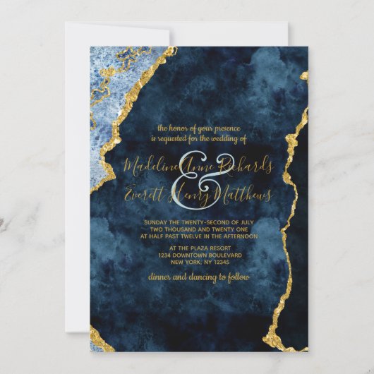 Invitation Marine Blue Gold Foil Agate Gilt Wedding Invitatio (Devant)