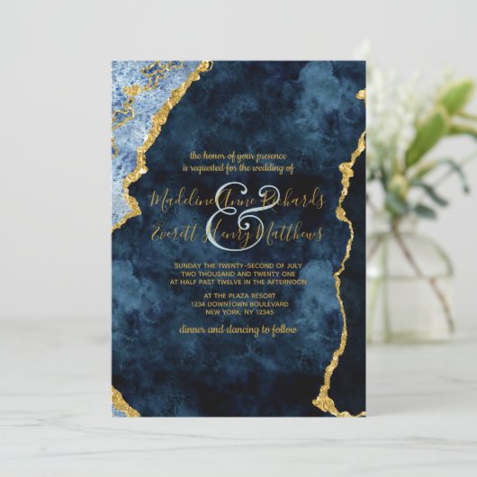 Invitation Marine Blue Gold Foil Agate Gilt Wedding Invitatio (Debout devant)