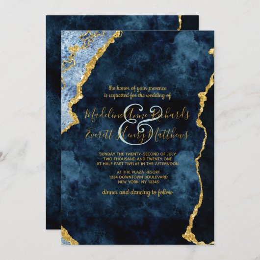 Invitation Marine Blue Gold Foil Agate Gilt Wedding Invitatio (Devant / Derrière)