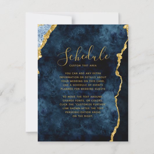 Invitation Marine Blue Gold Foil Agate Marbre Mariage Horaire (Devant)