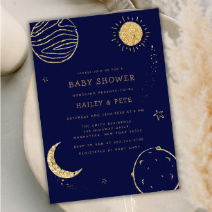 Invitation Marine Blue Gold Galaxy Lune Star Boy Baby shower