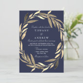Invitation Marine Blue Gold Garden Leaf Wreath Wedding Invita (Debout devant)