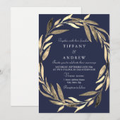 Invitation Marine Blue Gold Garden Leaf Wreath Wedding Invita (Devant / Derrière)