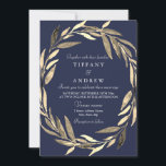 Invitation Marine Blue Gold Garden Leaf Wreath Wedding Invita<br><div class="desc">Marine Blue Gold Garden Leaf Wreath Wedding Inviter Collection Matching à Niche and Nest store. Oeuvre de www.EssemCreatives.etsy.com Voir collection correspondante</div>
