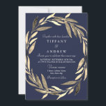 Invitation Marine Blue Gold Garden Leaf Wreath Wedding Invita<br><div class="desc">Marine Blue Gold Garden Leaf Wreath Wedding Inviter Collection Matching à Niche and Nest store. Oeuvre de www.EssemCreatives.etsy.com Voir collection correspondante</div>