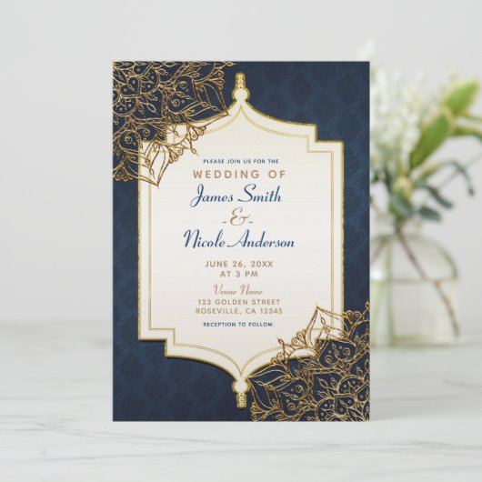 Invitation Marine Blue & Gold Marocain Mariage des nuits arab (Debout devant)