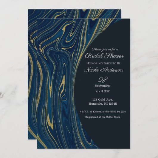Invitation Marine Blue & Gold Modern Glam Marbre Fête des mar (Devant / Derrière)