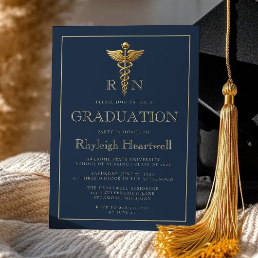 Invitation Marine Blue Gold Nurse RN Graduation Party